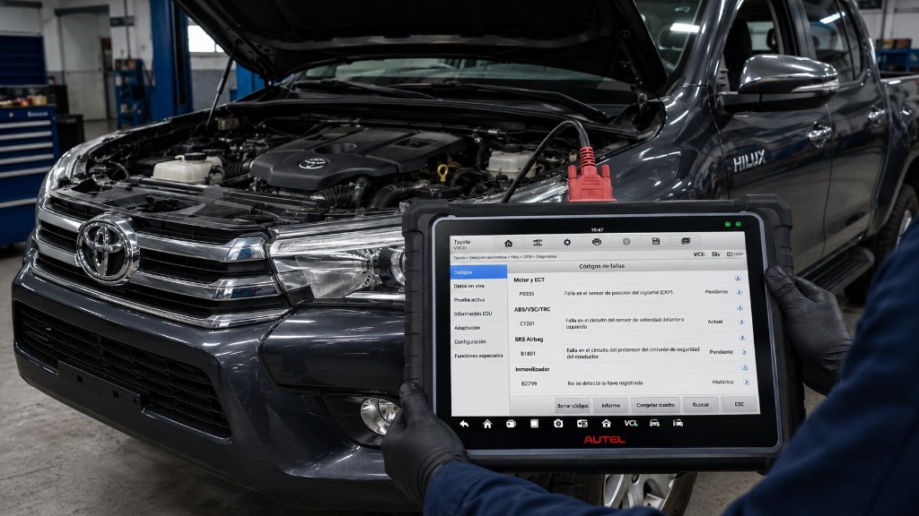 Técnico utilizando un escáner profesional Autel para diagnóstico de fallas en un vehículo Toyota